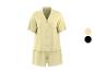 Pyjama deux pièces jaune clair avec passepoil blanc et boutons marron.