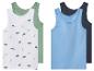 Lot de 4 débardeurs pour enfants : deux blancs à imprimé dinosaures et deux unis bleu et bleu foncé.