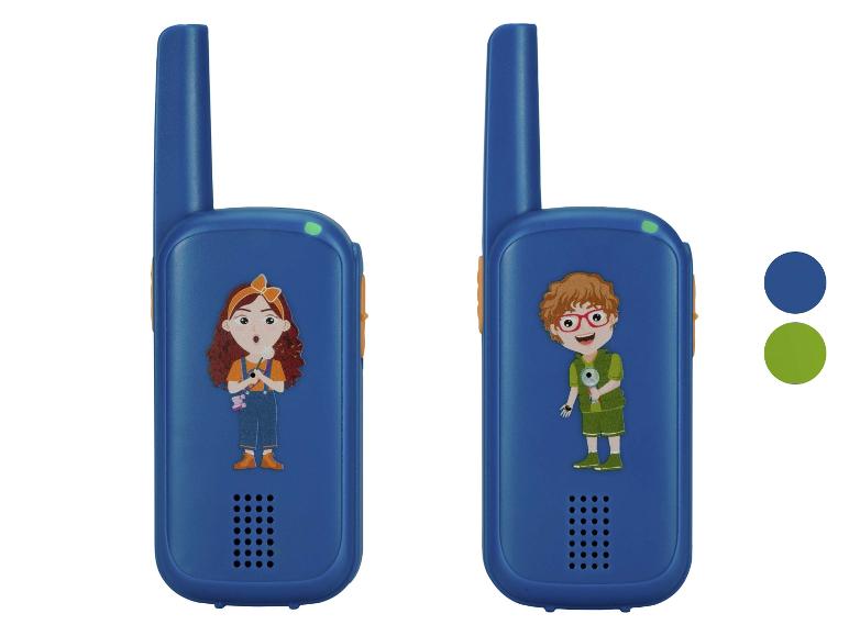 Blauwe kinderwalkietalkies met tekeningen van een meisje en een jongen.