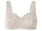 Soutien-gorge beige avec détails en dentelle et larges bretelles.