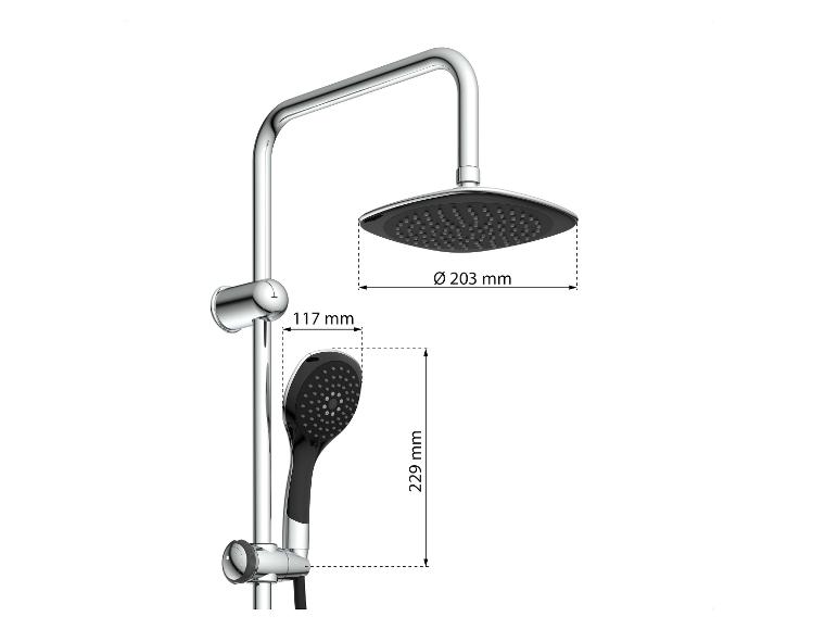 Une grosse et une petite pomme de douche, avec des dimensions en millimètres.