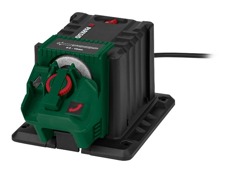 Een Parkside elektrische slijpmachine voor het slijpen van boren.