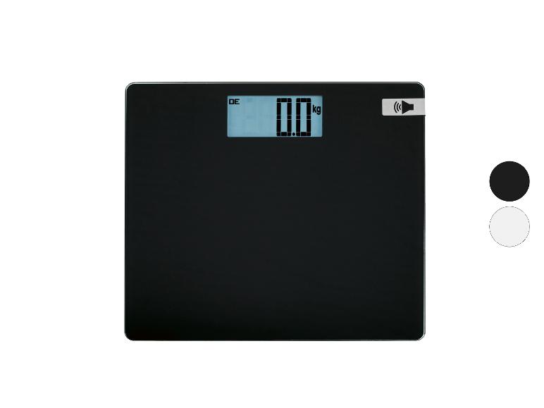 Zwarte personenweegschaal met digitaal display dat '0.0 kg' en een luidsprekerpictogram toont.