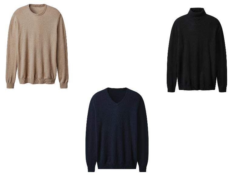 Trois pulls pour hommes : un beige à col rond, un col roulé noir et un col en V bleu foncé.
