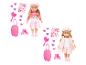 Twee poppen met blond haar, roze outfits en diverse accessoires zoals een koffer en kronen.