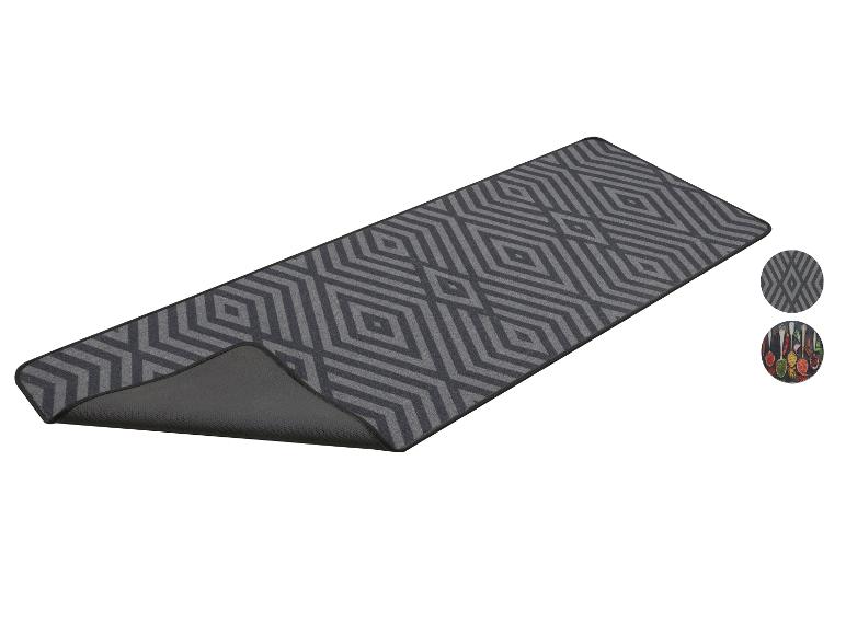 Antislip keukenmat met grijs en zwart geometrisch patroon, met kruidendetails.