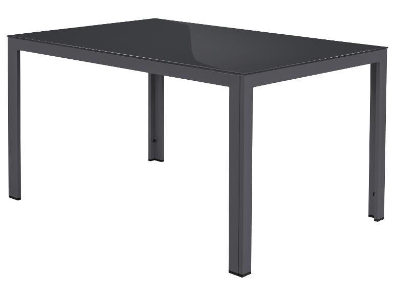 Rechthoekige tuintafel met een donker glazen blad en metalen frame.