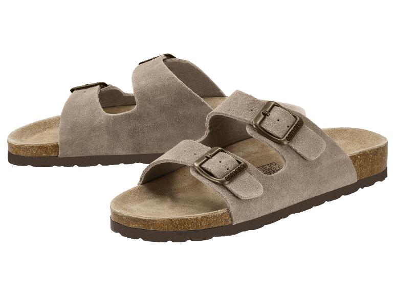 Sandales femme en daim gris avec boucles métalliques et semelle en liège