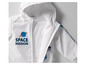 Witte jas met capuchon, bedrukt met 'Space Mission' en een afbeelding van een planeet.