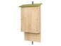Een houten vleermuizenhuis met een groen dak.