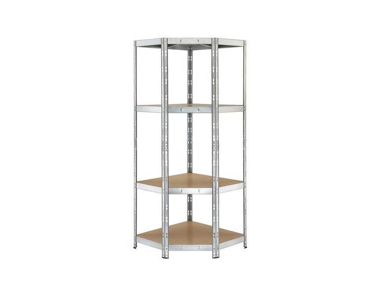 Een metalen hoekrek met houten planken.