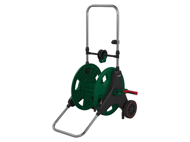 Parkside tuinslangwagen in groen en zwart met een metalen handvat.