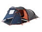 Een blauwe en oranje Tambu-tent met een slaapcabine.