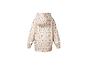 Beige kinderregenjas met roze bloemenprint en reflecterende details.
