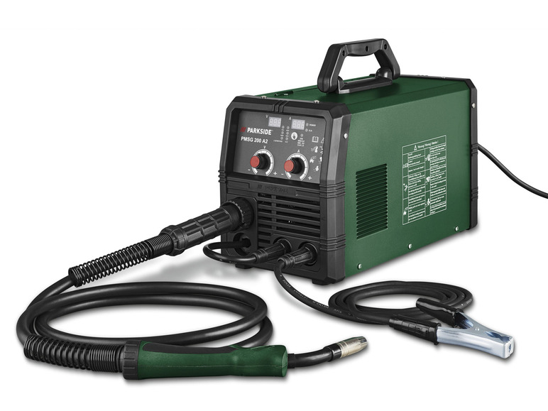 Un appareil de soudage Parkside PMSG 200 A2 vert avec accessoires.