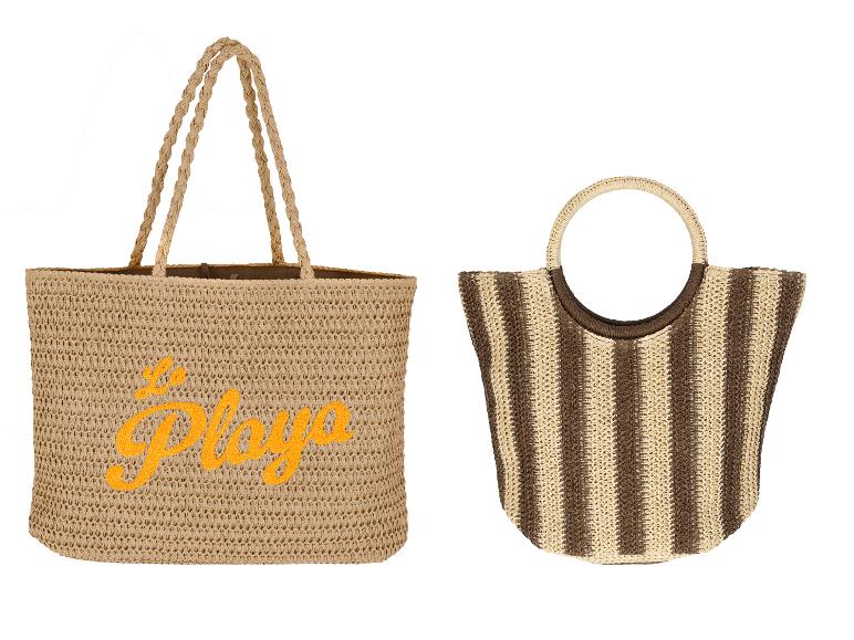 Deux sacs de plage en paille : un grand cabas beige avec l'inscription 'La Playa' et un petit sac rayé marron.