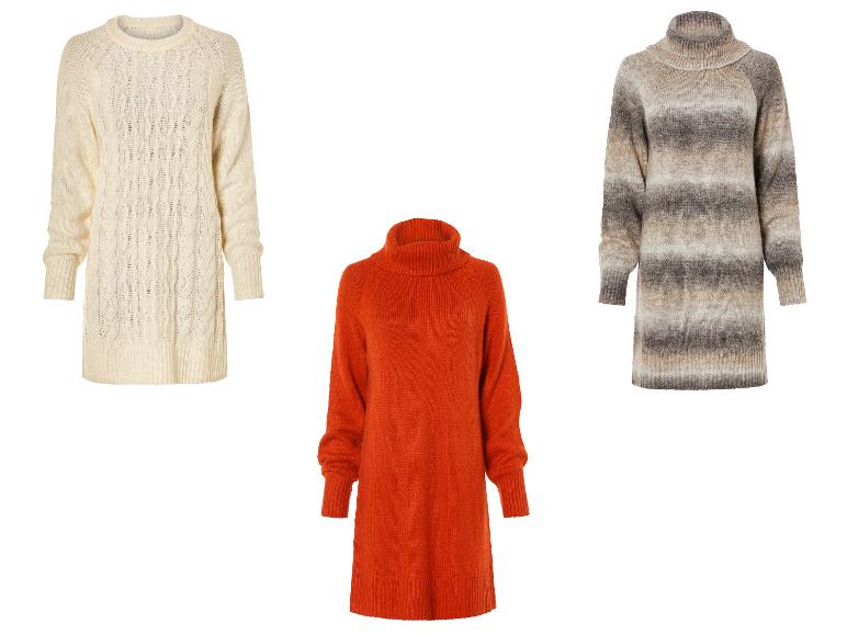 Trois pulls pour femmes : un crème à motif torsadé, un orange et un marron rayé.