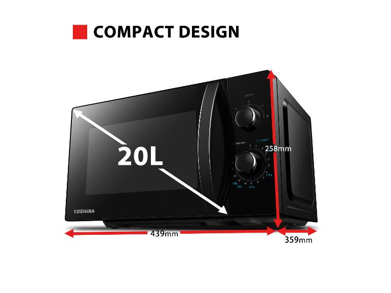 Four à micro-ondes noir compact de 20L avec dimensions de 439x258x359mm.