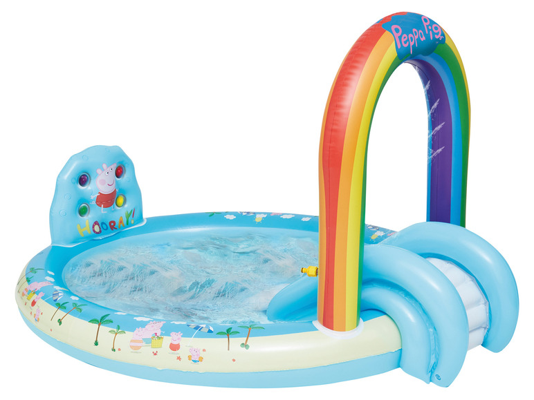 Opblaasbaar zwembad met regenboog, glijbaan en Peppa Pig-thema.