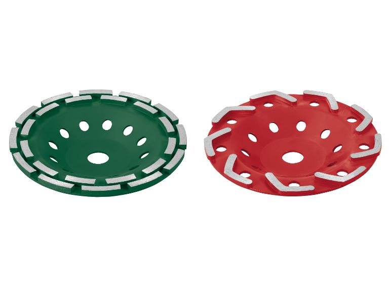 Twee groene en rode diamant slijpschijven voor haakse slijpers.