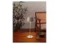 Lampe de table portable sur une table en bois extérieure avec plantes et chaise.