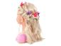 Tête de poupée blonde avec cheveux tressés et pinces couronnes roses et violettes