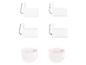 Six crochets en plastique blancs avec inserts métalliques, quatre en forme de L et deux en forme de D.