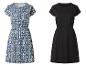 Deux robes d'été pour femmes : une à motif bleu et blanc, une noire unie.