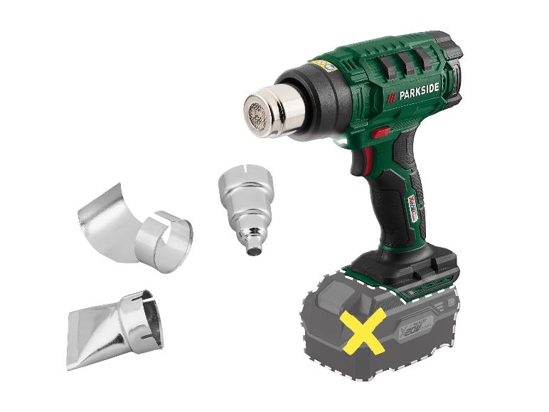 Een Parkside X20V Team-warmtepistool met verschillende opzetstukken