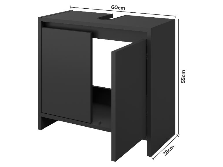 Zwart wastafelmeubel met twee open deuren, afmetingen 60x55x28cm.