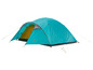 Een blauwe campingtent met gele details en een grijs voorpaneel.