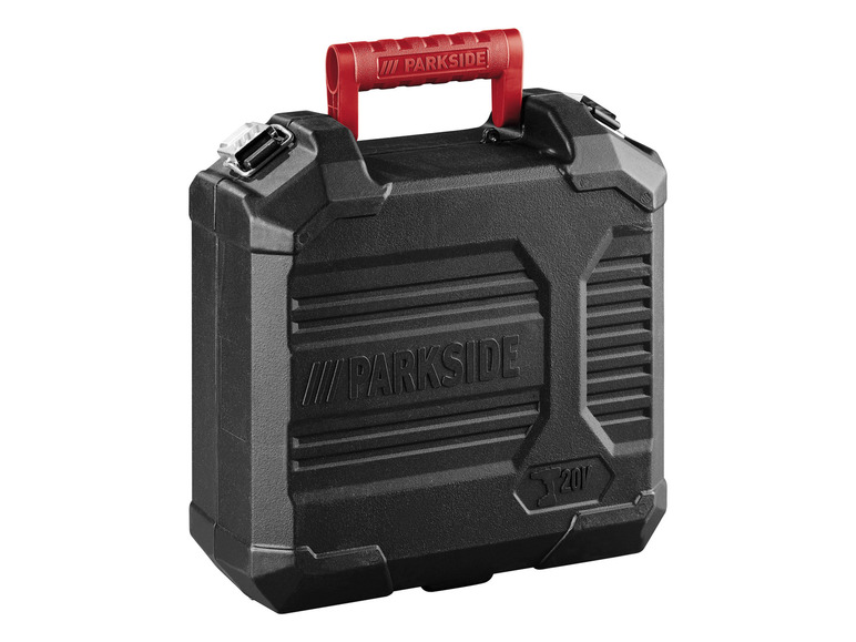 Une boîte à outils noire avec une poignée rouge de Parkside.