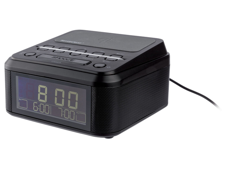 Radio-réveil numérique noir avec haut-parleur Bluetooth de Silvercrest.