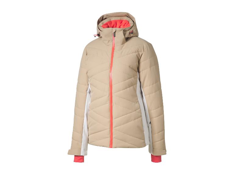 Beige ski-jas met capuchon en oranje rits.