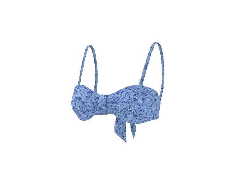 Blauwe bloemenprint bikinitop met strik aan de voorkant en verstelbare bandjes.