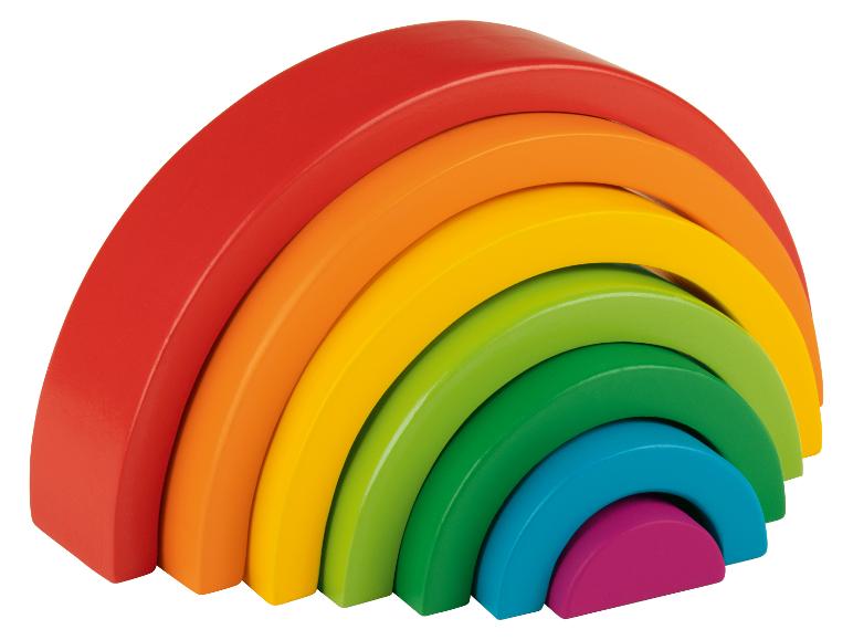 Houten regenboog met zes bogen in verschillende kleuren.