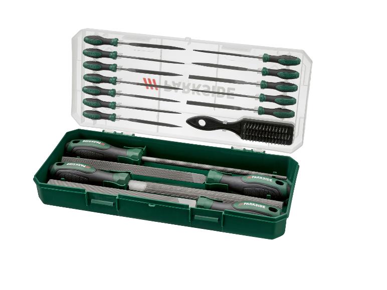 Parkside vijlen en raspenset: precisie gereedschap in een groene koffer.