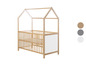Un lit bébé en bois avec un auvent en forme de maison