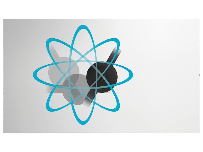 Abstracte afbeelding met blauwe banen en zwarte, grijze vormen die op atomen lijken.