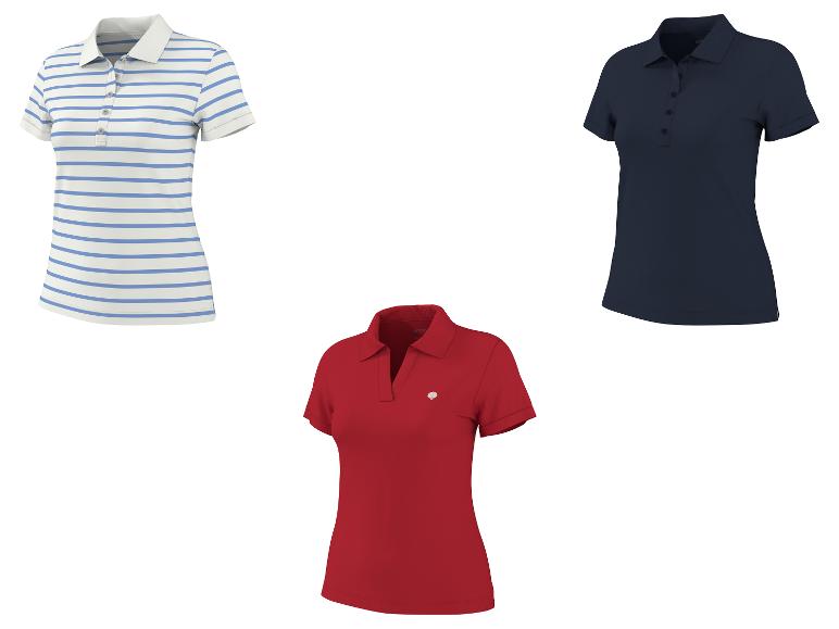 Drie damespoloshirts: één gestreept, één marineblauw en één rood.