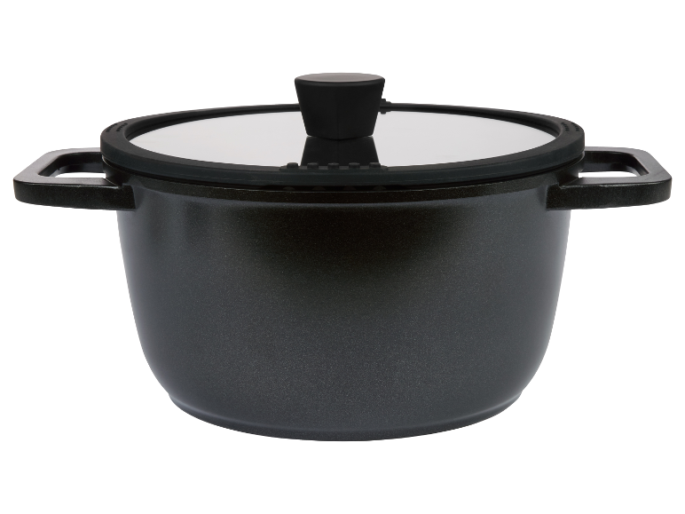 Een zwarte pan met glazen deksel.