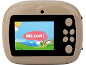 Appareil photo beige pour enfants avec écran affichant un message de bienvenue et un paysage coloré.