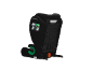 Vue arrière d'un siège auto pour enfant noir avec des accents verts et des connecteurs ISOFIX