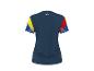 Donkerblauw T-shirt met korte mouwen en kleurrijke schouderinzetten, achteraanzicht.