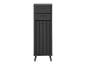 Meuble noir avec deux tiroirs et une porte roulante, avec pieds coniques.
