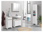 Meubles de salle de bain blancs avec armoire à miroir, lavabo et armoire haute.