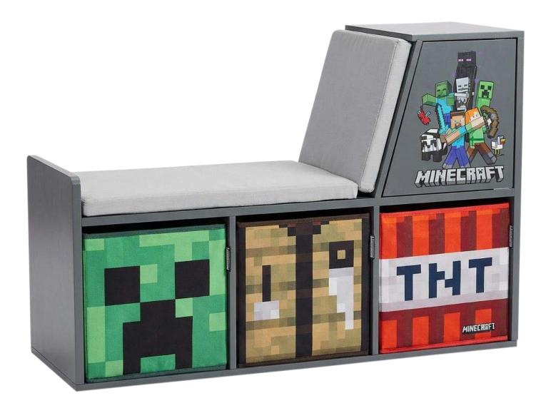 Banc de rangement gris avec coussins et trois boîtes en tissu sur le thème des jeux vidéo.