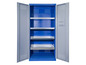 Een open blauwe metalen kast met planken en lades