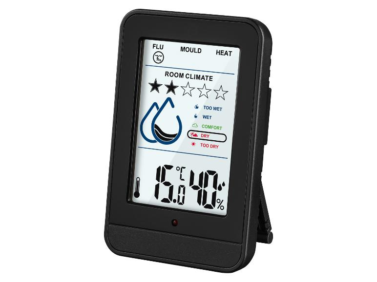 Thermomètre et hygromètre numérique avec affichage du climat ambiant et du niveau d'humidité.