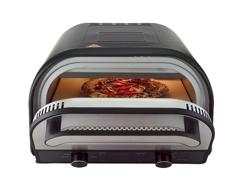 Four à pizza noir avec une pizza à l'intérieur, commandes pour différents types de croûte et réglages de température.